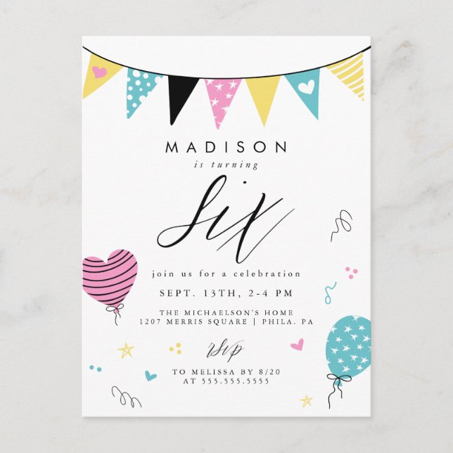 Cartão Postal ANIVERSÁRIO 6 | Cartão-postal para Festa de aniver (Frente)