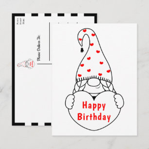 Cartão Postal Aniversário Cartoon Coração Fofo Gnome de Jardim P