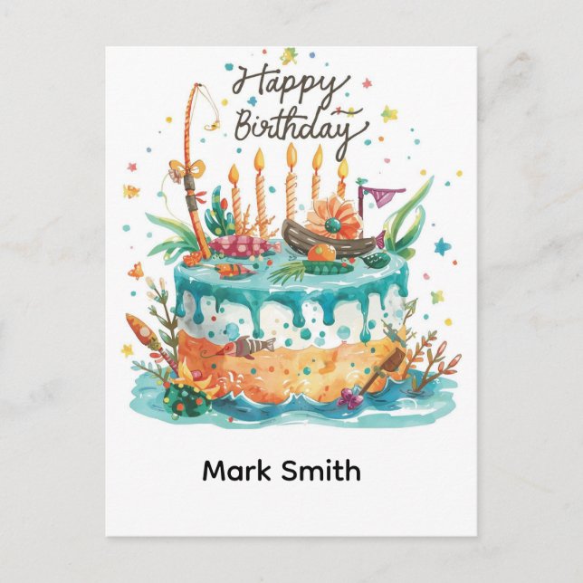 Cartão Postal Aniversário com tema de pesca viciado em diversão (Frente)