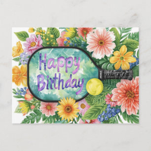Cartão Postal Aniversário com tema de Pickleball com flores