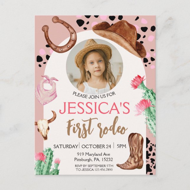 Cartão Postal Aniversário Cowboy 1º Rodeio Festa de Aniversário (Frente)