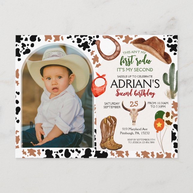 Cartão Postal Aniversário Cowboy 2º Festa de Aniversário Rodeio (Frente)