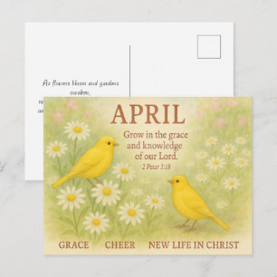 Cartão Postal Aniversário Cristão Floral de Abril Pássaro Amarel
