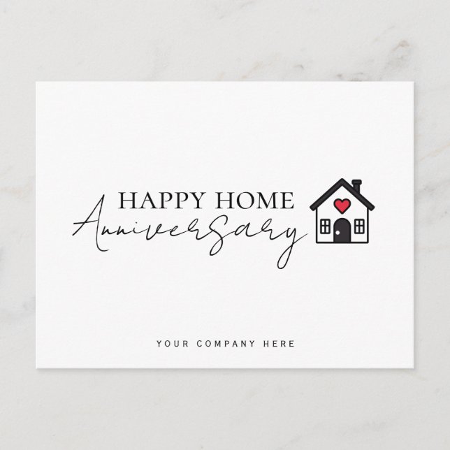 Cartão Postal Aniversário da Casa com Coração em Script Inline (Frente)