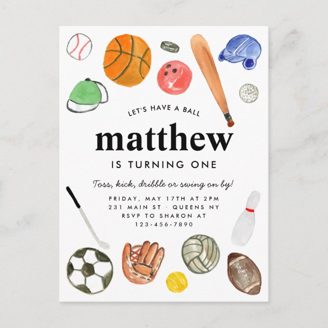 Cartão Postal Aniversário da Equipe de Bolas de Esportes Moderno (Frente)