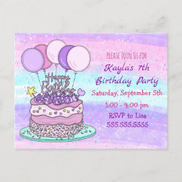 Cartão Postal Aniversário da Menina Rosa e Roxa