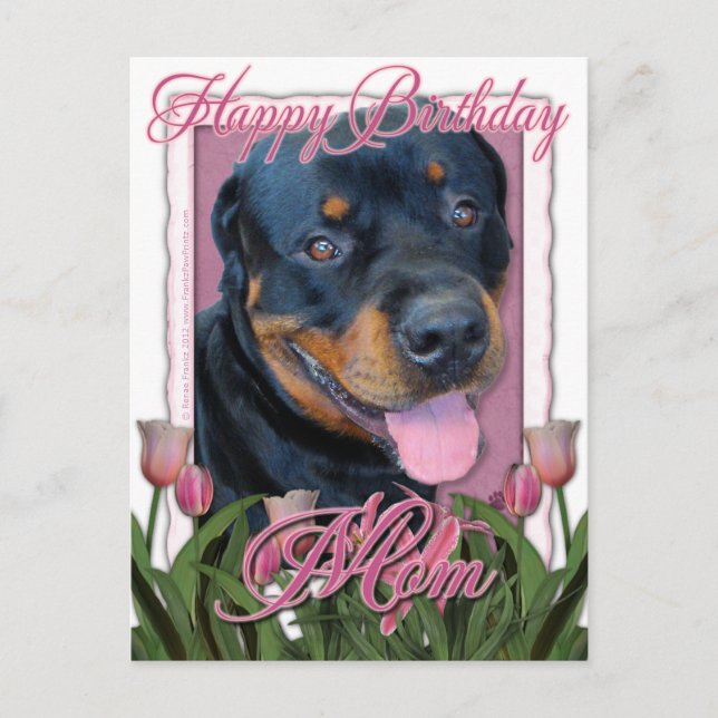 Cartão Postal Aniversário da MOM - Tulipas Rosa - Rottweiler - H (Frente)