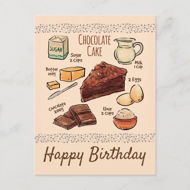 Cartão Postal Aniversário da Receita de Bolo de Chocolate (Frente)