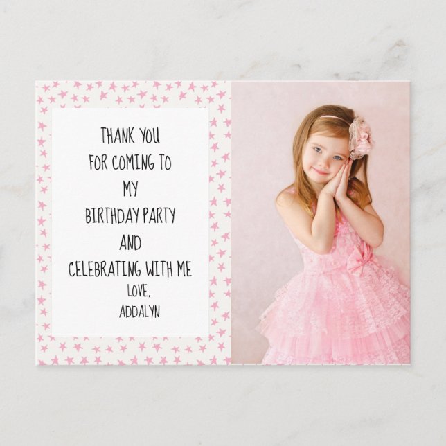 Cartão Postal Aniversário das Estrelas Rosa e Branca - Obrigado (Frente)
