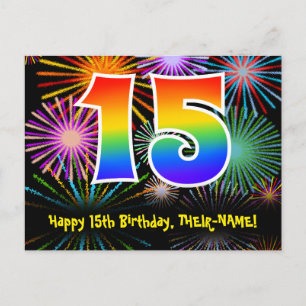 Cartão Postal Aniversário de 15 anos – Padrão Divertido de Fogos