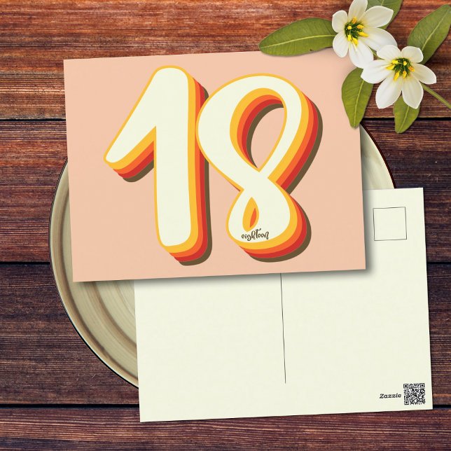 Cartão Postal Aniversário de 18 anos Groovy Modern Retro Peach (Front and Back)
