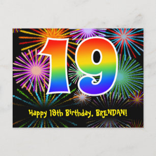 Cartão Postal Aniversário de 19 anos – Padrão Divertido de Fogos