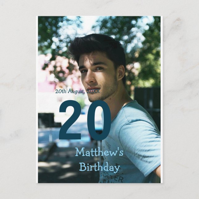 Cartão Postal aniversário de 20 anos adicionar nome foto data ho (Frente)