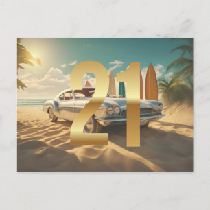 Cartão Postal Aniversário de 21 anos de praia tropical com carro