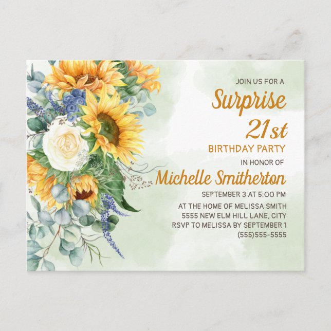 Cartão Postal Aniversário de 21 anos Sunflower Surpresa Eucalypt (Frente)
