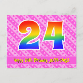 Cartão Postal Aniversário de 24 anos: Listras e Corações Cor-de-