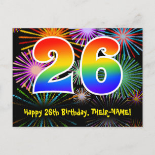 Cartão Postal Aniversário de 26 anos – Padrão Divertido de Fogos