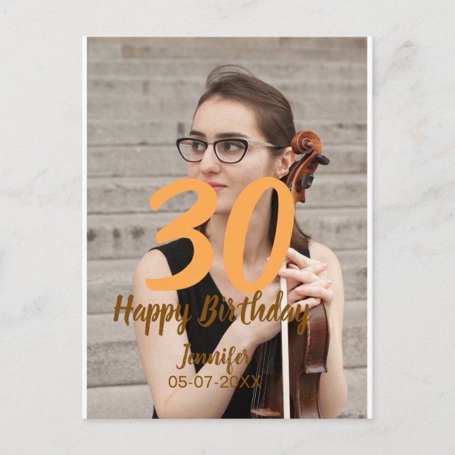 Cartão Postal aniversário de 30 anos adiciona nome data ano ano  (Frente)