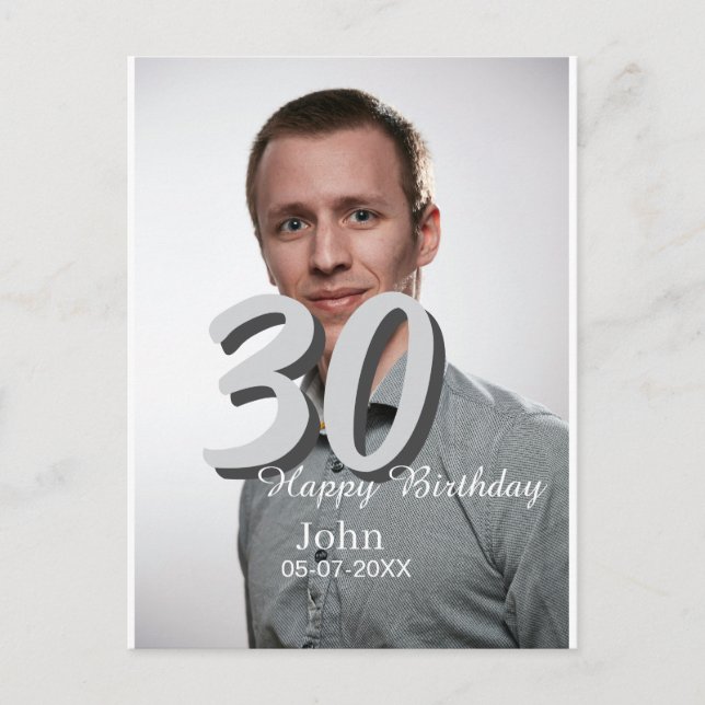 Cartão Postal aniversário de 30 anos adicionar nome data ano fot (Frente)
