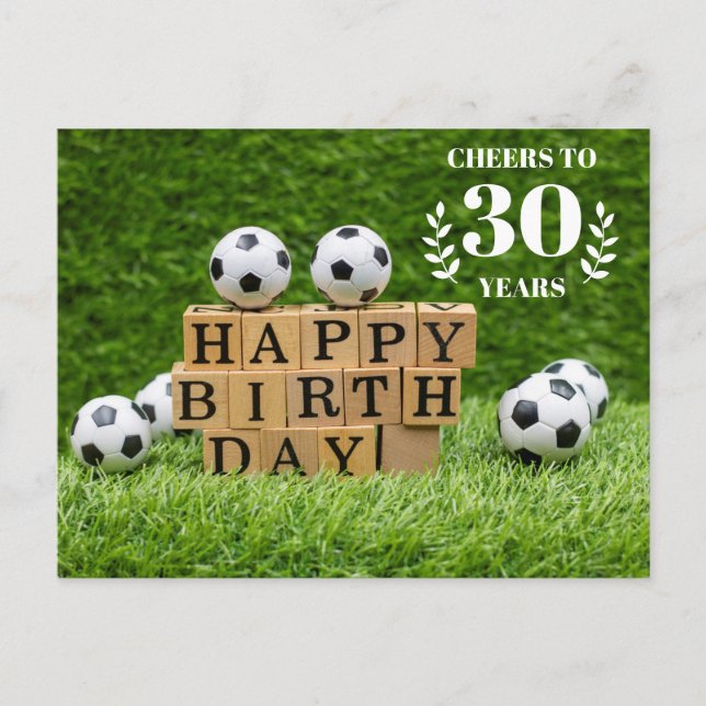 Cartão Postal Aniversário de 30 anos de futebol com bolas verdes (Frente)