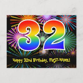 Cartão Postal Aniversário de 32 anos – Padrão Divertido de Fogos