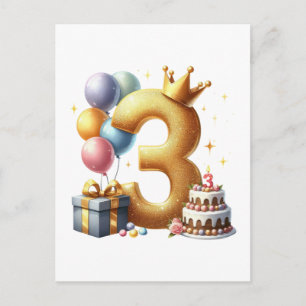 Cartão Postal Aniversário de 3 anos dourado
