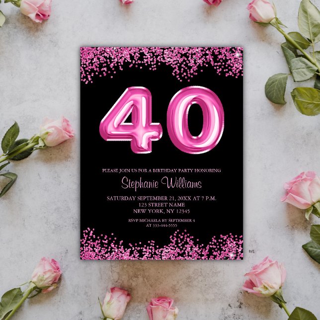 Cartão Postal aniversário de 40 anos Black Pink Balloons Glitpar (Customize with your 40th Birthday event details)