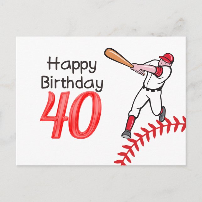 Cartão Postal Aniversário de 40 anos de basebol com jogador (Frente)