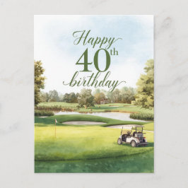 Cartão Postal Aniversário de 40 anos de golfe com carrinho de go