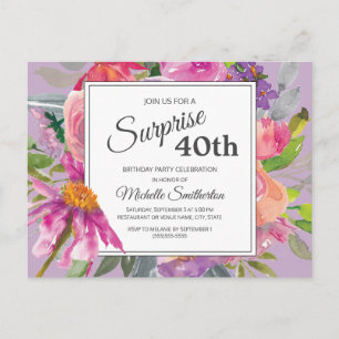 Cartão Postal Aniversário de 40 anos Floral cor-de-água rosa p