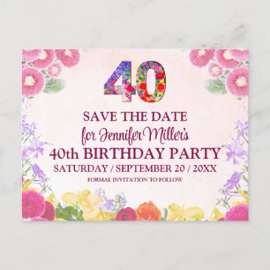 Cartão Postal Aniversário de 40 anos Floral - Pastel 40 Salve A 