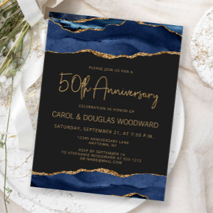 Cartão Postal Aniversário de 50 anos Azul Naval Ágata Dourada Es