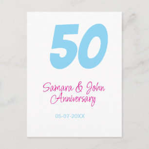 Cartão Postal aniversário de 50 anos azul ousado rosa nome data