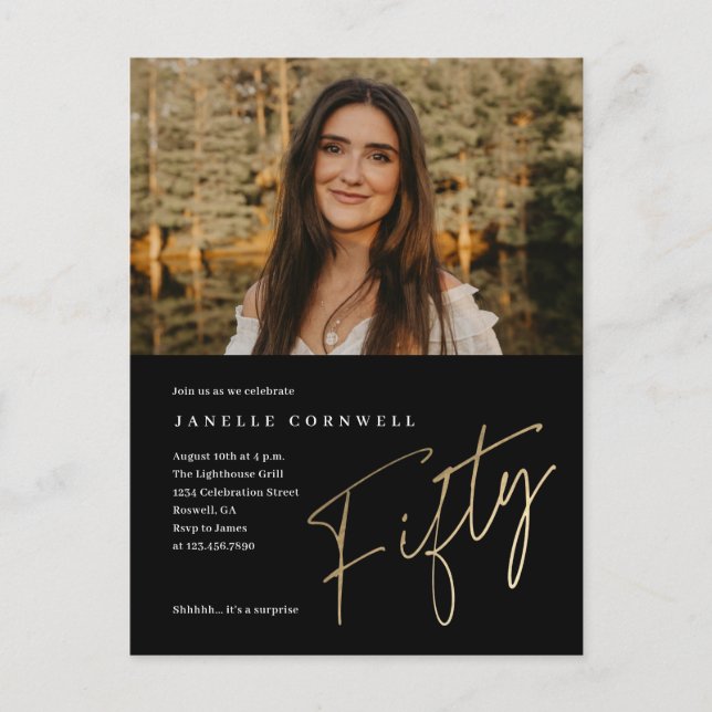 Cartão Postal Aniversário de 50 anos com foto em ouro com roteir (Frente)