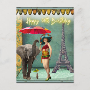 Cartão Postal Aniversário de 50 anos da Mulher Vintage Funky 