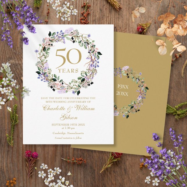 Cartão Postal Aniversário de 50 anos de casamento floral para sa (Floral 50th Wedding Anniversary Save the Date Postcard)