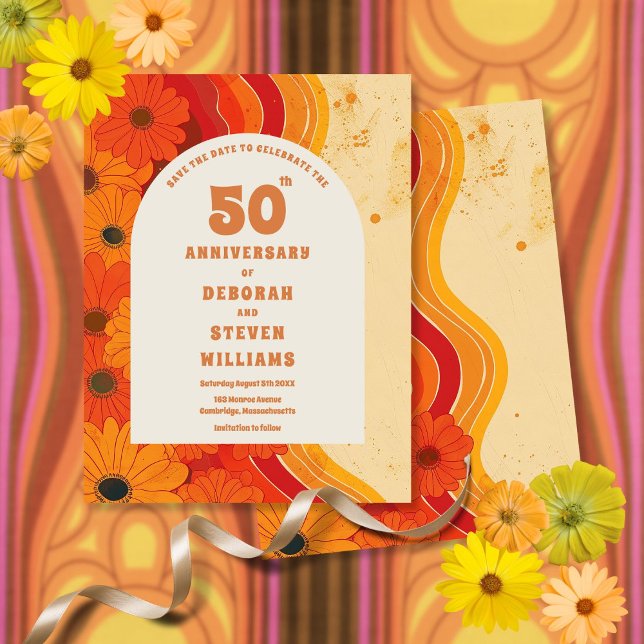 Cartão Postal Aniversário de 50 anos de casamento retrô dos anos (Retro 1970s 50th Wedding Anniversary Save The Date Postcard)
