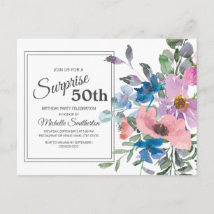 Cartão Postal Aniversário de 50 anos em floral de aguarela roxo 
