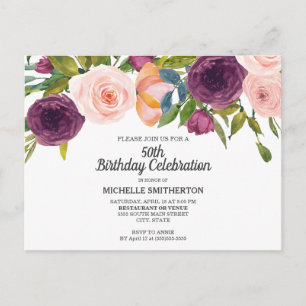 Cartão Postal Aniversário de 50 anos floral em aquarela roxa e r