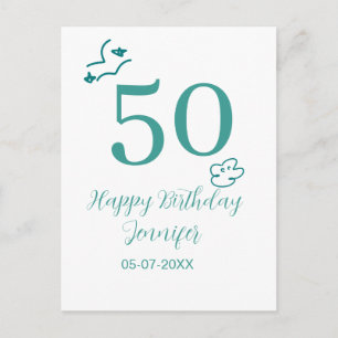Cartão Postal aniversário de 50 anos nome turquesa nuvens desenh
