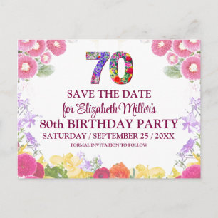 Cartão Postal Aniversário de 70 anos Floral Save the Date Rosa
