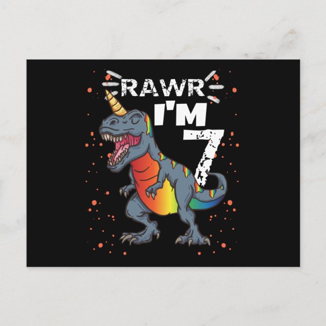 Cartão Postal Aniversário de 7 anos T Rex Dinossauro (Frente)