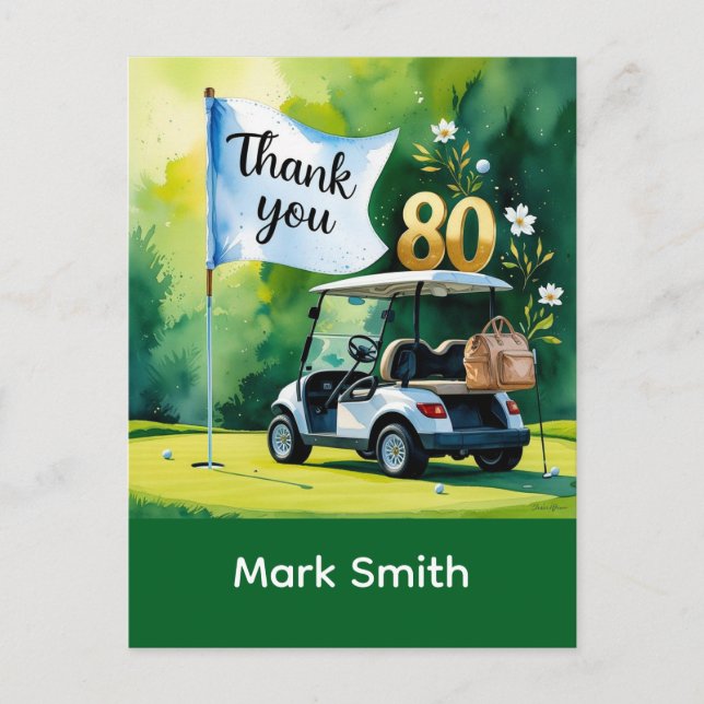 Cartão Postal Aniversário de 80 anos de golfe com carrinho de go (Frente)
