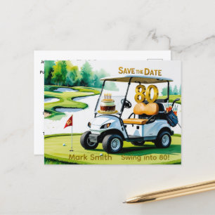 Cartão Postal Aniversário de 80 anos de golfe com carrinho de go
