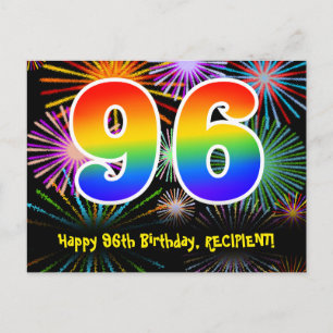 Cartão Postal Aniversário de 96 anos – Padrão Divertido de Fogos