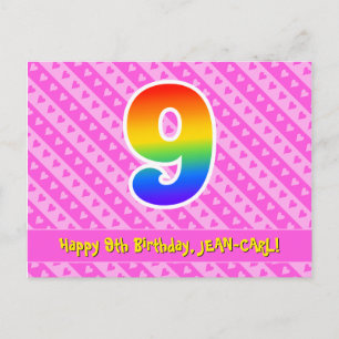 Cartão Postal Aniversário de 9 anos: Listras Cor-de-Rosa & Coraç