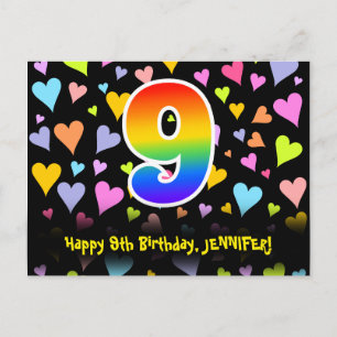 Cartão Postal Aniversário de 9 anos: Padrão Corações Divertidos,