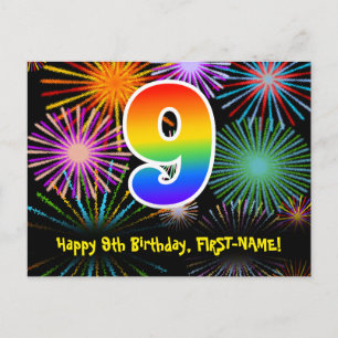 Cartão Postal Aniversário de 9 anos – Padrão Divertido de Fogos