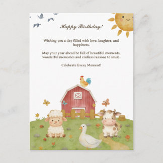 Cartão Postal Aniversário de Animais da Fazenda em Aquarela Fofa