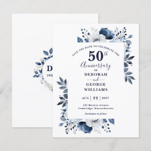 Cartão Postal Aniversário de Bodas de Floral Azul 50 - Salve a D
